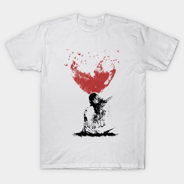 Girl with Red Heart Street Art T-Shirt by AmineDesigns